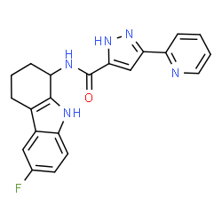 ChemSpider 2D Image | N-(6-Fluoro-2,3,4,9-tetrahydro-1H-carbazol-1-yl)-3-(2-pyridinyl)-1H-pyrazole-5-carboxamide | C21H18FN5O