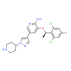 ChemSpider 2D Image | 3-[(1R)-1-(2,6-Dichloro-4-fluorophenyl)ethoxy]-5-[1-(4-piperidinyl)-1H-pyrazol-4-yl]-2-pyridinamine | C21H22Cl2FN5O