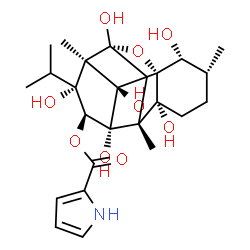 ChemSpider 2D Image | (1R,2R,3R,6R,7R,9R,10R,11R,12S,13R,14R)-2,6,9,11,13,14-Hexahydroxy-11-isopropyl-3,7,10-trimethyl-15-oxapentacyclo[7.5.1.0~1,6~.0~7,13~.0~10,14~]pentadec-12-yl 1H-pyrrole-2-carboxylate | C25H35NO9
