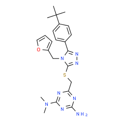ChemSpider 2D Image | 6-[({4-(2-Furylmethyl)-5-[4-(2-methyl-2-propanyl)phenyl]-4H-1,2,4-triazol-3-yl}sulfanyl)methyl]-N,N-dimethyl-1,3,5-triazine-2,4-diamine | C23H28N8OS