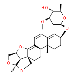 ChemSpider 2D Image | (2aS,4aS,9S,11aR,11bR,13aR,13bR)-2a,11a-Dimethyl-2a,4,4a,10,11,11a,11b,12,13,13b-decahydro-9H-2,3,5-trioxacyclopenta[3,4]pentaleno[1,6a-a]phenanthren-9-yl 2,6-dideoxy-3-O-methyl-beta-D-arabino-hexopyr
anoside | C28H38O7
