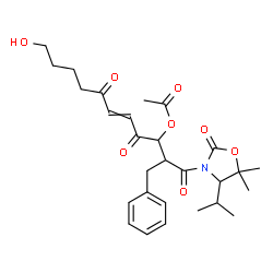 ChemSpider 2D Image | 2-Benzyl-11-hydroxy-1-(4-isopropyl-5,5-dimethyl-2-oxo-1,3-oxazolidin-3-yl)-1,4,7-trioxo-5-undecen-3-yl acetate | C28H37NO8