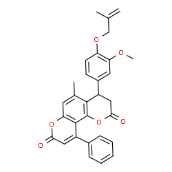 ChemSpider 2D Image | 4-{3-Methoxy-4-[(2-methyl-2-propen-1-yl)oxy]phenyl}-5-methyl-10-phenyl-3,4-dihydro-2H,8H-pyrano[2,3-f]chromene-2,8-dione | C30H26O6