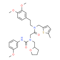 ChemSpider 2D Image | N-[2-(3,4-Dimethoxyphenyl)ethyl]-N~2~-[(3-methoxyphenyl)carbamoyl]-N-[(5-methyl-2-thienyl)methyl]-N~2~-(tetrahydro-2-furanylmethyl)glycinamide | C31H39N3O6S