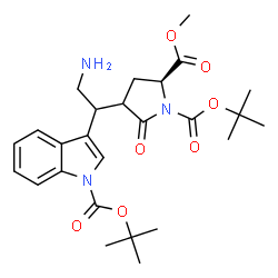 ChemSpider 2D Image | 2-Methyl 1-(2-methyl-2-propanyl) (2S)-4-[2-amino-1-(1-{[(2-methyl-2-propanyl)oxy]carbonyl}-1H-indol-3-yl)ethyl]-5-oxo-1,2-pyrrolidinedicarboxylate | C26H35N3O7