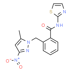 ChemSpider 2D Image | 2-[(5-Methyl-3-nitro-1H-pyrazol-1-yl)methyl]-N-(1,3-thiazol-2-yl)benzamide | C15H13N5O3S