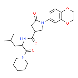ChemSpider 2D Image | 1-(2,3-Dihydro-1,4-benzodioxin-6-yl)-N-[4-methyl-1-oxo-1-(1-piperidinyl)-2-pentanyl]-5-oxo-3-pyrrolidinecarboxamide | C24H33N3O5