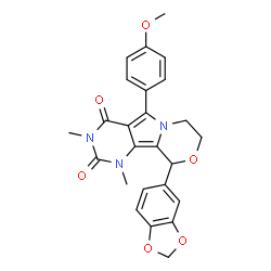 ChemSpider 2D Image | 10-(1,3-Benzodioxol-5-yl)-5-(4-methoxyphenyl)-1,3-dimethyl-1,7,8,10-tetrahydro-2H-pyrimido[4',5':3,4]pyrrolo[2,1-c][1,4]oxazine-2,4(3H)-dione | C25H23N3O6