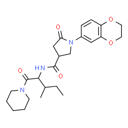 ChemSpider 2D Image | 1-(2,3-Dihydro-1,4-benzodioxin-6-yl)-N-[3-methyl-1-oxo-1-(1-piperidinyl)-2-pentanyl]-5-oxo-3-pyrrolidinecarboxamide | C24H33N3O5