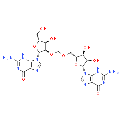 ChemSpider 2D Image | 2-Amino-9-[(2R,3R,4R,5R)-3-({[(2R,3S,4R,5R)-5-(2-amino-6-oxo-3,6-dihydro-9H-purin-9-yl)-3,4-dihydroxytetrahydro-2-furanyl]methoxy}methoxy)-4-hydroxy-5-(hydroxymethyl)tetrahydro-2-furanyl]-3,9-dihydro-
6H-purin-6-one | C21H26N10O10