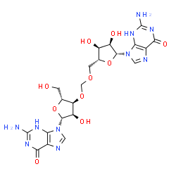ChemSpider 2D Image | 2-Amino-9-[(2R,3R,4S,5R)-4-({[(2R,3S,4R,5R)-5-(2-amino-6-oxo-3,6-dihydro-9H-purin-9-yl)-3,4-dihydroxytetrahydro-2-furanyl]methoxy}methoxy)-3-hydroxy-5-(hydroxymethyl)tetrahydro-2-furanyl]-3,9-dihydro-
6H-purin-6-one | C21H26N10O10