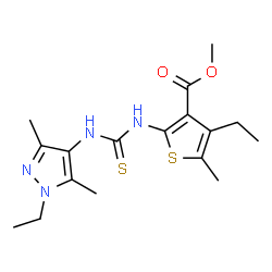 ChemSpider 2D Image | Methyl 4-ethyl-2-{[(1-ethyl-3,5-dimethyl-1H-pyrazol-4-yl)carbamothioyl]amino}-5-methyl-3-thiophenecarboxylate | C17H24N4O2S2