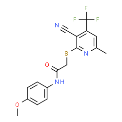 ChemSpider 2D Image | 2-{[3-Cyano-6-methyl-4-(trifluoromethyl)-2-pyridinyl]sulfanyl}-N-(4-methoxyphenyl)acetamide | C17H14F3N3O2S