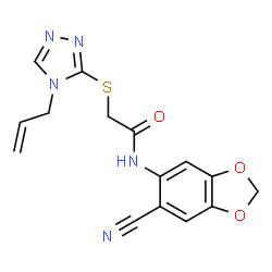 ChemSpider 2D Image | 2-[(4-Allyl-4H-1,2,4-triazol-3-yl)sulfanyl]-N-(6-cyano-1,3-benzodioxol-5-yl)acetamide | C15H13N5O3S