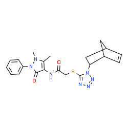 ChemSpider 2D Image | 2-{[1-(Bicyclo[2.2.1]hept-5-en-2-yl)-1H-tetrazol-5-yl]sulfanyl}-N-(1,5-dimethyl-3-oxo-2-phenyl-2,3-dihydro-1H-pyrazol-4-yl)acetamide | C21H23N7O2S