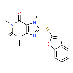 ChemSpider 2D Image | 8-(1,3-Benzoxazol-2-ylsulfanyl)-1,3,7-trimethyl-3,7-dihydro-1H-purine-2,6-dione | C15H13N5O3S