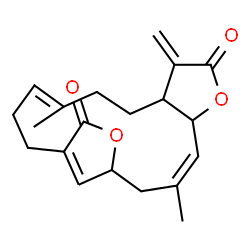ChemSpider 2D Image | (3Z,12E)-3,12-Dimethyl-8-methylene-6,18-dioxatricyclo[14.2.1.0~5,9~]nonadeca-3,12,16(19)-triene-7,17-dione | C20H24O4