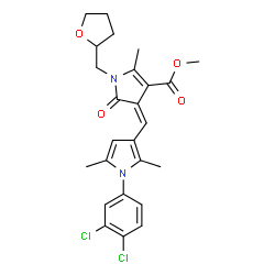 ChemSpider 2D Image | Methyl (4Z)-4-{[1-(3,4-dichlorophenyl)-2,5-dimethyl-1H-pyrrol-3-yl]methylene}-2-methyl-5-oxo-1-(tetrahydro-2-furanylmethyl)-4,5-dihydro-1H-pyrrole-3-carboxylate | C25H26Cl2N2O4