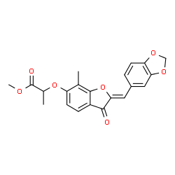 ChemSpider 2D Image | Methyl 2-{[(2Z)-2-(1,3-benzodioxol-5-ylmethylene)-7-methyl-3-oxo-2,3-dihydro-1-benzofuran-6-yl]oxy}propanoate | C21H18O7
