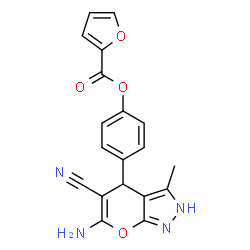 ChemSpider 2D Image | 4-(6-Amino-5-cyano-3-methyl-2,4-dihydropyrano[2,3-c]pyrazol-4-yl)phenyl 2-furoate | C19H14N4O4