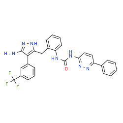 ChemSpider 2D Image | 1-[2-({3-Amino-4-[3-(trifluoromethyl)phenyl]-1H-pyrazol-5-yl}methyl)phenyl]-3-(6-phenyl-3-pyridazinyl)urea | C28H22F3N7O