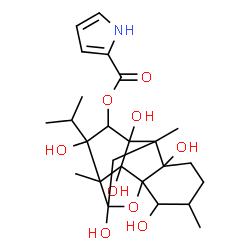 ChemSpider 2D Image | 2,6,9,11,13,14-Hexahydroxy-11-isopropyl-3,7,10-trimethyl-15-oxapentacyclo[7.5.1.0~1,6~.0~7,13~.0~10,14~]pentadec-12-yl 1H-pyrrole-2-carboxylate | C25H35NO9
