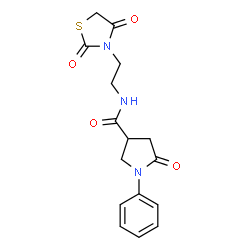 ChemSpider 2D Image | N-[2-(2,4-Dioxo-1,3-thiazolidin-3-yl)ethyl]-5-oxo-1-phenyl-3-pyrrolidinecarboxamide | C16H17N3O4S
