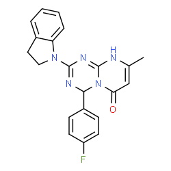 ChemSpider 2D Image | 2-(2,3-Dihydro-1H-indol-1-yl)-4-(4-fluorophenyl)-8-methyl-4,9-dihydro-6H-pyrimido[1,2-a][1,3,5]triazin-6-one | C21H18FN5O