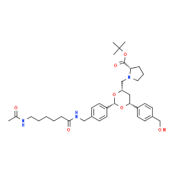 ChemSpider 2D Image | 2-Methyl-2-propanyl 1-({(2S,4S,6R)-2-(4-{[(6-acetamidohexanoyl)amino]methyl}phenyl)-6-[4-(hydroxymethyl)phenyl]-1,3-dioxan-4-yl}methyl)-L-prolinate | C36H51N3O7