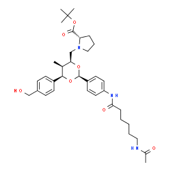 ChemSpider 2D Image | 2-Methyl-2-propanyl 1-({(2S,4S,5R,6R)-2-{4-[(6-acetamidohexanoyl)amino]phenyl}-6-[4-(hydroxymethyl)phenyl]-5-methyl-1,3-dioxan-4-yl}methyl)-L-prolinate | C36H51N3O7
