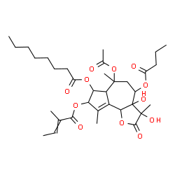 ChemSpider 2D Image | 6-Acetoxy-4-(butyryloxy)-3,3a-dihydroxy-3,6,9-trimethyl-8-[(2-methyl-2-butenoyl)oxy]-2-oxo-2,3,3a,4,5,6,6a,7,8,9b-decahydroazuleno[4,5-b]furan-7-yl octanoate | C34H50O12