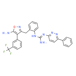 ChemSpider 2D Image | 1-[2-({5-Amino-4-[3-(trifluoromethyl)phenyl]-1,2-oxazol-3-yl}methyl)phenyl]-2-(6-phenyl-3-pyridazinyl)guanidine | C28H22F3N7O