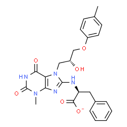 ChemSpider 2D Image | (2S)-2-({7-[(2R)-2-Hydroxy-3-(4-methylphenoxy)propyl]-3-methyl-2,6-dioxo-2,3,6,7-tetrahydro-1H-purin-8-yl}amino)-3-phenylpropanoate | C25H26N5O6