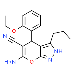 ChemSpider 2D Image | 6-Amino-4-(2-ethoxyphenyl)-3-propyl-2,4-dihydropyrano[2,3-c]pyrazole-5-carbonitrile | C18H20N4O2