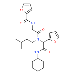 ChemSpider 2D Image | N-(2-{[2-(Cyclohexylamino)-1-(2-furyl)-2-oxoethyl](3-methylbutyl)amino}-2-oxoethyl)-2-furamide | C24H33N3O5