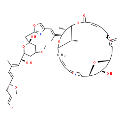ChemSpider 2D Image | (1R,6Z,11R,12R,16Z,19S,23R,25S,27R,31R)-11-{(1E)-1-[2-({(2S,4R,6R)-6-[(1R,2E,4E,6R,8E)-9-Bromo-1-hydroxy-6-methoxy-3-methyl-2,4,8-nonatrien-1-yl]-2-hydroxy-4-methoxytetrahydro-2H-pyran-2-yl}methyl)-1,
3-oxazol-4-yl]-1-propen-2-yl}-27-hydroxy-12,31-dimethyl-21-methylene-4,10,14,29,30-pentaoxa-32-azapentacyclo[23.3.1.1~2,5~.1~9,13~.1~19,23~]dotriaconta-2,5(32),6,16-tetraen-15-one | C53H71BrN2O13