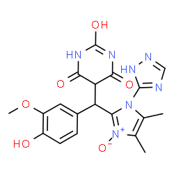 ChemSpider 2D Image | 5-{[4,5-Dimethyl-3-oxido-1-(1H-1,2,4-triazol-5-yl)-1H-imidazol-2-yl](4-hydroxy-3-methoxyphenyl)methyl}-2-hydroxy-4,6(1H,5H)-pyrimidinedione | C19H19N7O6