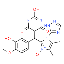 ChemSpider 2D Image | 5-{[4,5-Dimethyl-3-oxido-1-(1H-1,2,4-triazol-5-yl)-1H-imidazol-2-yl](3-hydroxy-4-methoxyphenyl)methyl}-2-hydroxy-4,6(1H,5H)-pyrimidinedione | C19H19N7O6