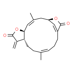 ChemSpider 2D Image | (1R,3Z,5S,9R,12Z)-3,12-Dimethyl-8-methylene-6,18-dioxatricyclo[14.2.1.0~5,9~]nonadeca-3,12,16(19)-triene-7,17-dione | C20H24O4