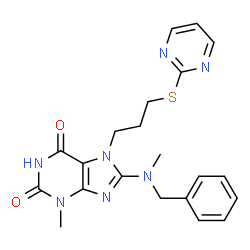 ChemSpider 2D Image | 8-[Benzyl(methyl)amino]-3-methyl-7-[3-(2-pyrimidinylsulfanyl)propyl]-3,7-dihydro-1H-purine-2,6-dione | C21H23N7O2S