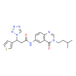 ChemSpider 2D Image | N-[3-(3-Methylbutyl)-4-oxo-3,4-dihydro-6-quinazolinyl]-3-(1H-tetrazol-1-yl)-3-(3-thienyl)propanamide | C21H23N7O2S