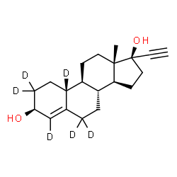 ChemSpider 2D Image | (3beta,17alpha)-(2,2,4,6,6,10-~2~H_6_)-19-Norpregn-4-en-20-yne-3,17-diol | C20H22D6O2
