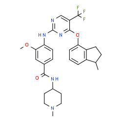ChemSpider 2D Image | 3-Methoxy-4-({4-[(1-methyl-2,3-dihydro-1H-inden-4-yl)oxy]-5-(trifluoromethyl)-2-pyrimidinyl}amino)-N-(1-methyl-4-piperidinyl)benzamide | C29H32F3N5O3