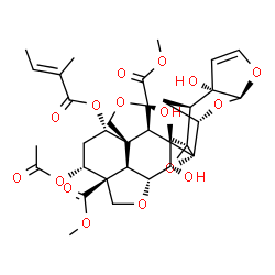 ChemSpider 2D Image | Dimethyl (2aR,3S,4S,4aR,5S,7aS,8S,10R,10aS,10bR)-10-acetoxy-3,5-dihydroxy-4-[(1S,2S,6S,8S,9R,11S)-2-hydroxy-11-methyl-5,7,10-trioxatetracyclo[6.3.1.0~2,6~.0~9,11~]dodec-3-en-9-yl]-4-methyl-8-{[(2E)-2-
methyl-2-butenoyl]oxy}octahydro-1H-furo[3',4':4,4a]naphtho[1,8-bc]furan-5,10a(8H)-dicarboxylate | C35H44O16