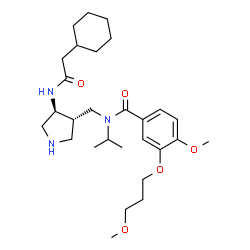 ChemSpider 2D Image | N-({(3S,4S)-4-[(Cyclohexylacetyl)amino]-3-pyrrolidinyl}methyl)-N-isopropyl-4-methoxy-3-(3-methoxypropoxy)benzamide | C28H45N3O5