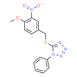 ChemSpider 2D Image | 5-(4-Methoxy-3-nitro-benzylsulfanyl)-1-phenyl-1H-tetrazole | C15H13N5O3S