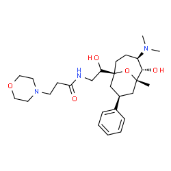 ChemSpider 2D Image | N-{(2S)-2-[(1S,4R,5S,6S,8R)-4-(Dimethylamino)-5-hydroxy-6-methyl-8-phenyl-10-oxabicyclo[4.3.1]dec-1-yl]-2-hydroxyethyl}-3-(4-morpholinyl)propanamide | C27H43N3O5