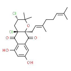 ChemSpider 2D Image | (3S,4aS,10aS)-3,4a-Dichloro-10a-[(2E)-3,7-dimethyl-2,6-octadien-1-yl]-6,8-dihydroxy-2,2-dimethyl-3,4,4a,10a-tetrahydro-2H-benzo[g]chromene-5,10-dione | C25H30Cl2O5