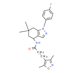 ChemSpider 2D Image | 3-(3,5-Dimethyl-1,2-oxazol-4-yl)-N-[(4S)-1-(4-fluorophenyl)-6,6-dimethyl-4,5,6,7-tetrahydro-1H-indazol-4-yl]propanamide | C23H27FN4O2