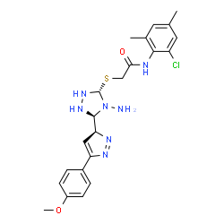 ChemSpider 2D Image | 2-({(3S,5S)-4-Amino-5-[(3S)-5-(4-methoxyphenyl)-3H-pyrazol-3-yl]-1,2,4-triazolidin-3-yl}sulfanyl)-N-(2-chloro-4,6-dimethylphenyl)acetamide | C22H26ClN7O2S
